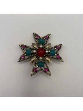 Maltese Cross Brooch Gold tone rhinestones red green pink stones Vintage Pin